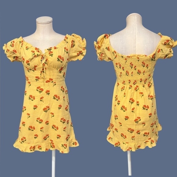 UO honey yellow with cherries print milkmaid mini dress with ruffles - Picture 1 of 14
